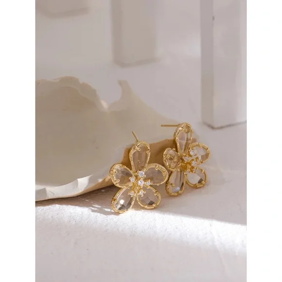 Gold Textured Flower Earrings with Crystals - Picture 2 of 4